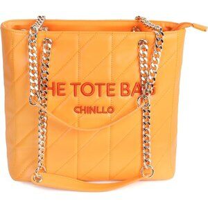 Women's Orange-Quilted PU Leather Sophisticated Elegant, Retro Style Tote Bag
